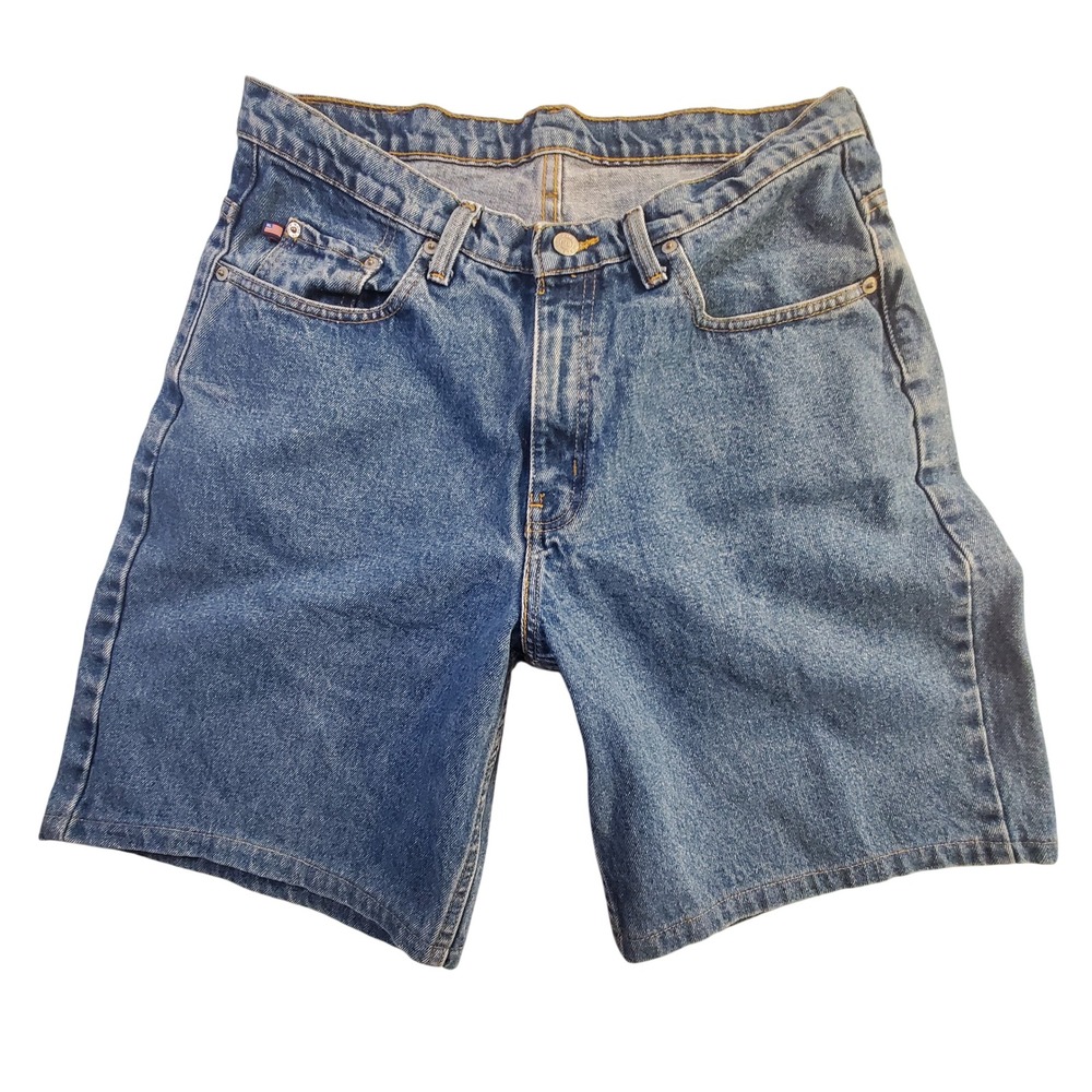 Polo Ralph Lauren 33 Blue Denim Shorts Loose Fit Flag Patch 90s Y2K Jorts Jeans
